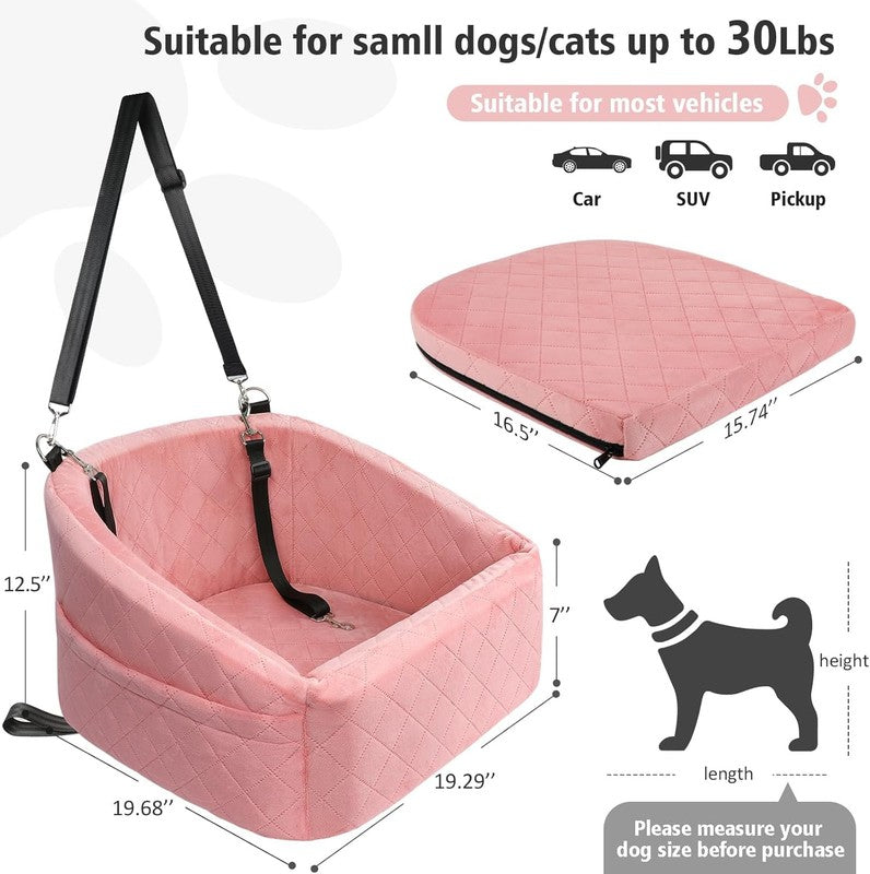 Dog Car Seat Small/Medium Dogs under 30lbs Washable Booster w/ Pockets Pink1