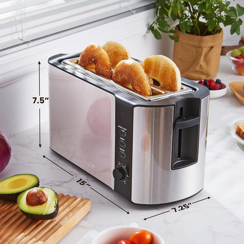 4 Slice Long Slot Toaster, 6 Settings, Defrost, Reheat, Wide Slots, Black SS5