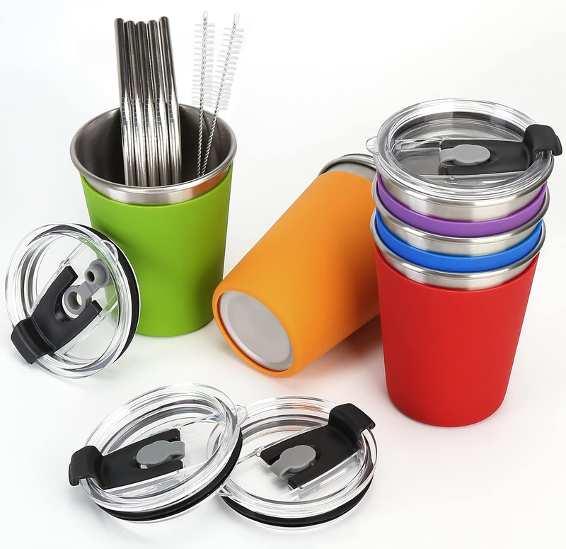 5PK Stainless Steel Kids Cups 12oz Spill Proof Lids Straws Silicone Sleeves3