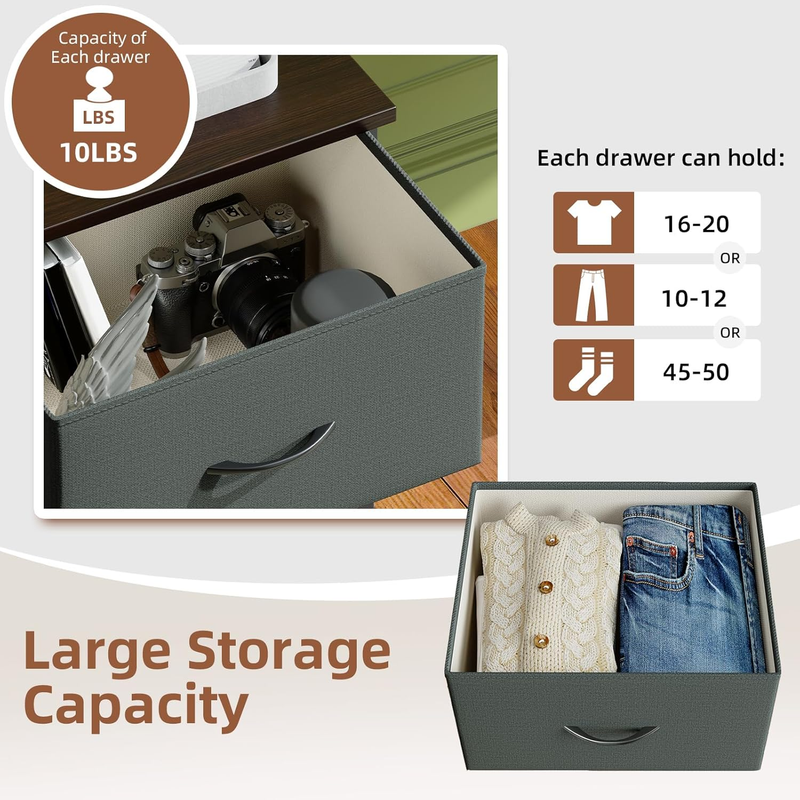 Set of 2 Nightstands 2 Drawer Bedside Table w/ Fabric Bins Charcoal Grey5
