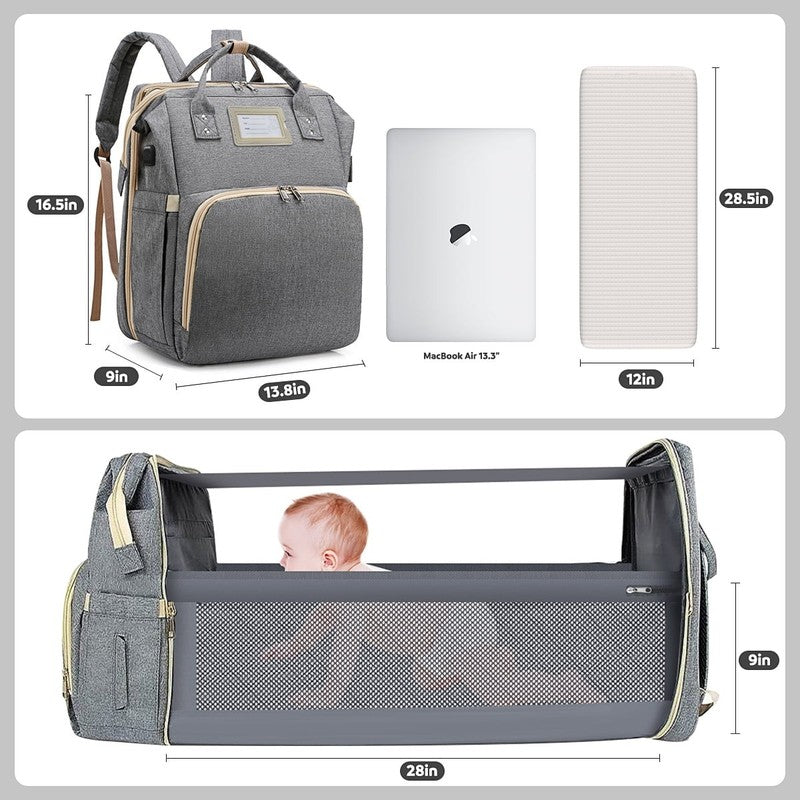 Diaper Bag Backpack w/ Crib, USB, Bottle Pocket, Changing Pad – Gray5