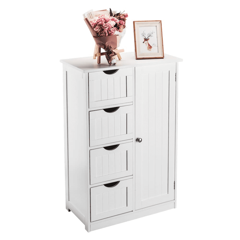Bathroom Floor Cabinet with Door and 4 Drawers, Freestanding Storage Cabinet for1