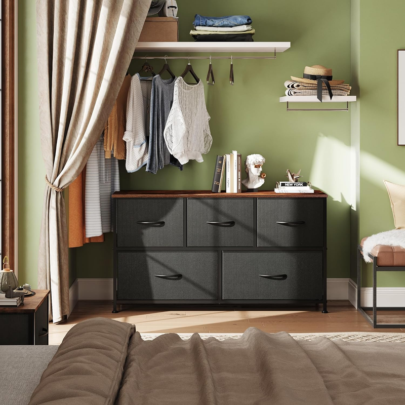 5 Drawer Fabric Dresser Chest Storage Closet Bedroom Black Rustic Brown3