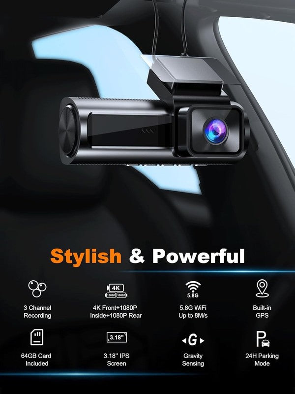 4K 3-Channel Dash Cam Front/Rear Inside GPS WiFi 64GB Card 3.18" IPS Screen4