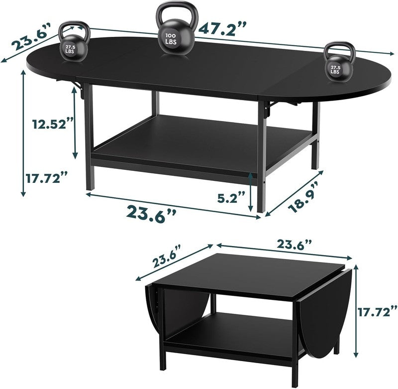 Black 2 Tier Foldable Coffee Table with Storage, Modern Living Room Table1