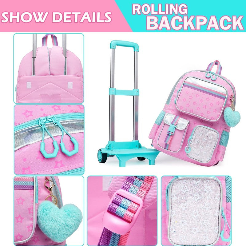 Kids Cute Rolling Backpacks for Girls Trolley School Bags Roller Backpack with W5