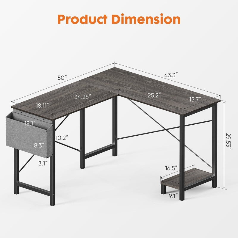 49" Modern L Shaped Computer Desk w/ Storage Shelf & Side Bag Black2