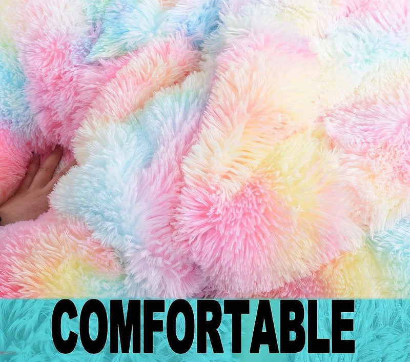 Fluffy Stuffed Animal Storage Bean Bag Cover Faux Fur Rainbow5