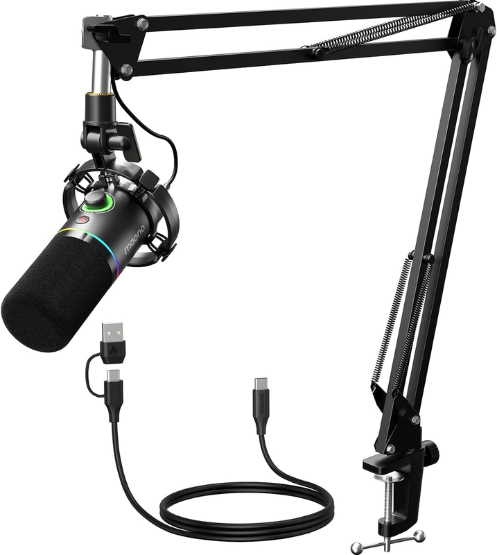 Dynamic RGB Microphone Kit XLR/USB with Boom Arm Mute Gain Control Black0