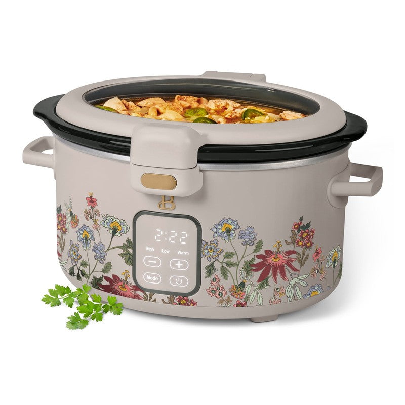 Drew Barrymore 4Qt Digital Slow Cooker Hinged Locking Lid Wildflower Porcini4