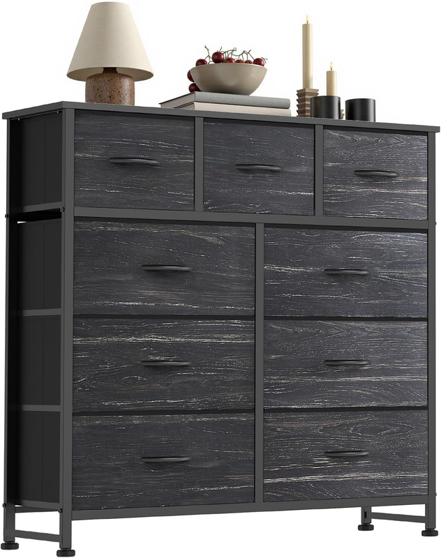 9 Drawer Fabric Dresser Storage Tower Steel Frame Wood Top Black8