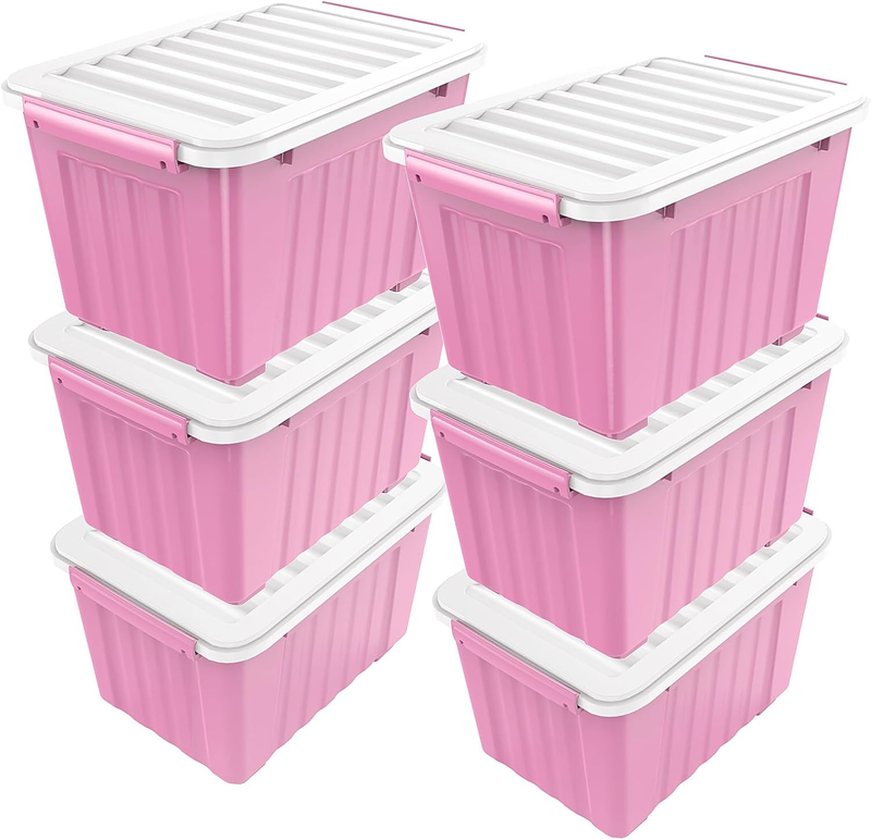 72Qt Pink/White Plastic Storage Bins w/Lids Stackable Nestable 6 Pack9