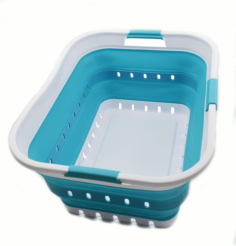 42L Collapsible Plastic Laundry Basket White/Bright Blue Foldable Hamper9