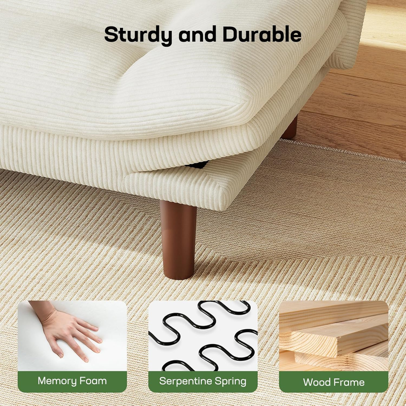 75in Futon Sofa Bed Convertible Corduroy Sleeper Sofa Loveseat Adjustable White5
