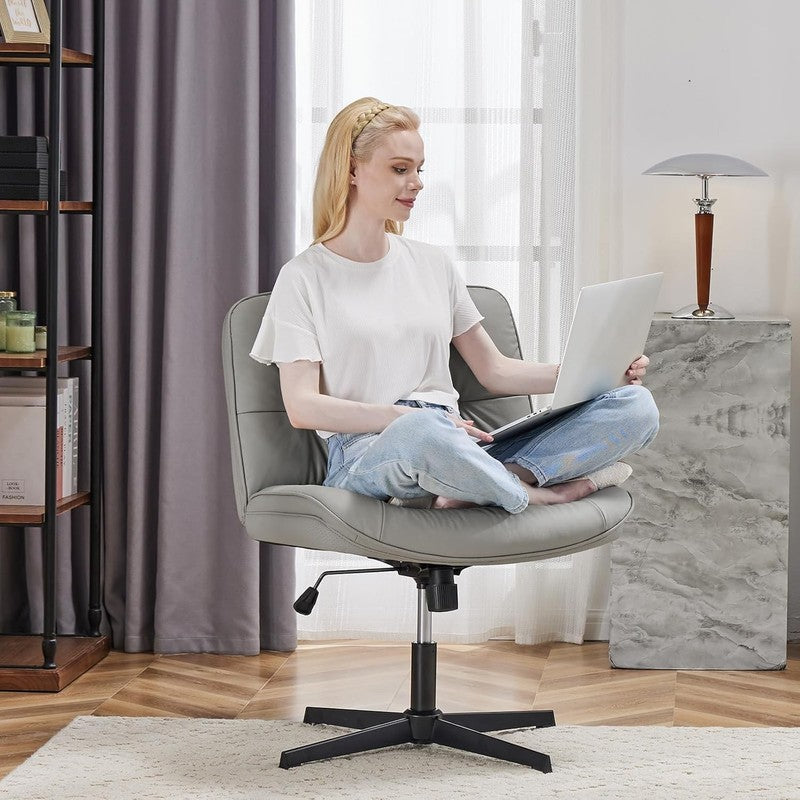 Armless Criss Cross Office Chair Gray PU Leather Swivel No Wheels Desk Chair7