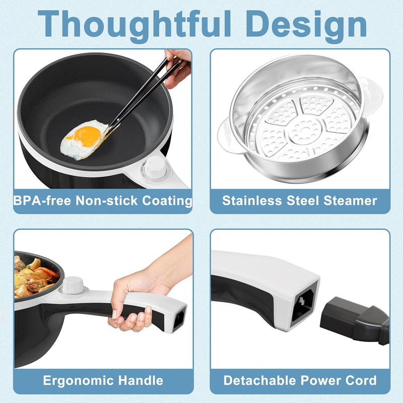 Hot Pot Electric with Steamer 1.5L  Mini Cooker Rapid Noodles Steak Egg Fried8