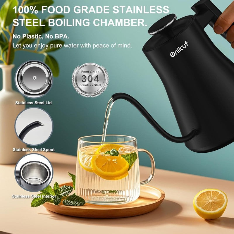 Onlicuf Gooseneck Electric Kettle 0.8L Matte Black Auto Off BPA Free Coffee4