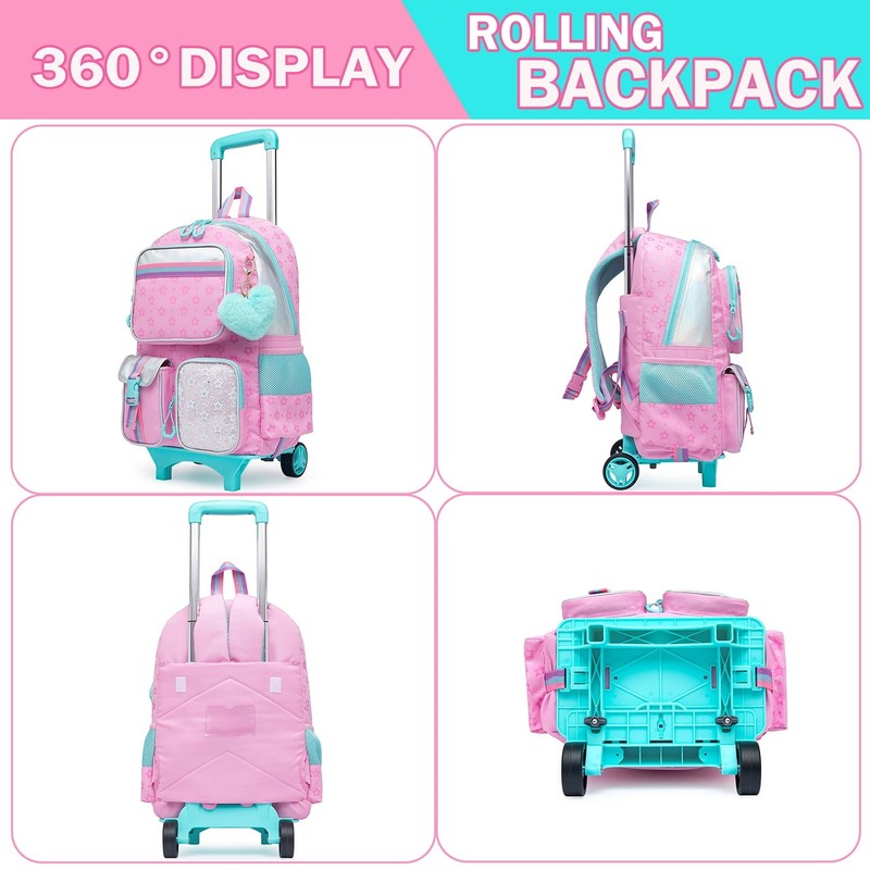 Kids Cute Rolling Backpacks for Girls Trolley School Bags Roller Backpack with W1