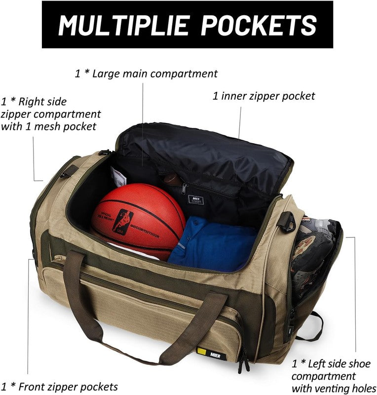 60L Large Gym Duffle Bag w/ Shoe Compartment Lightweight Sports Travel Khaki1