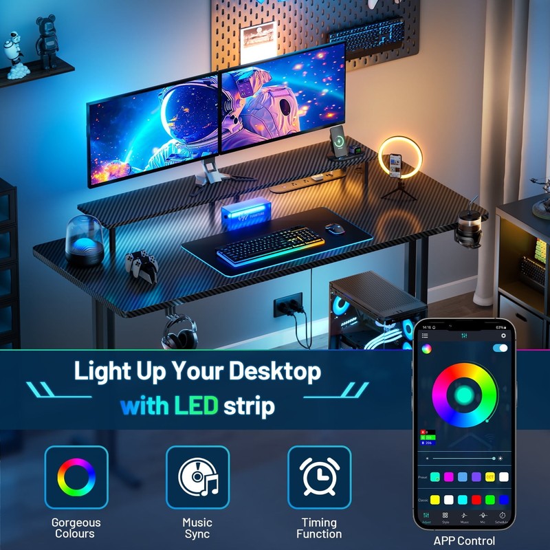 47" Gaming Desk w/ LED Lights & Power Outlet Computer Desk w/ Monitor Stand5