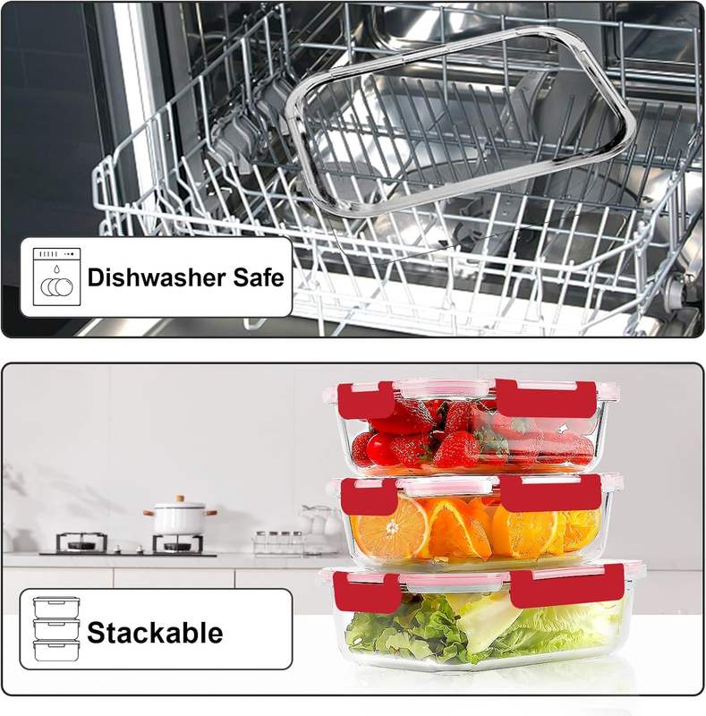 10 Pack 22oz Glass Meal Prep Containers Airtight Lids Red4
