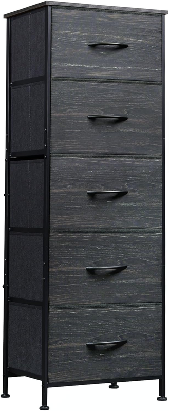 5 Drawer Fabric Dresser Storage Tower Steel Frame Wood Top Black7
