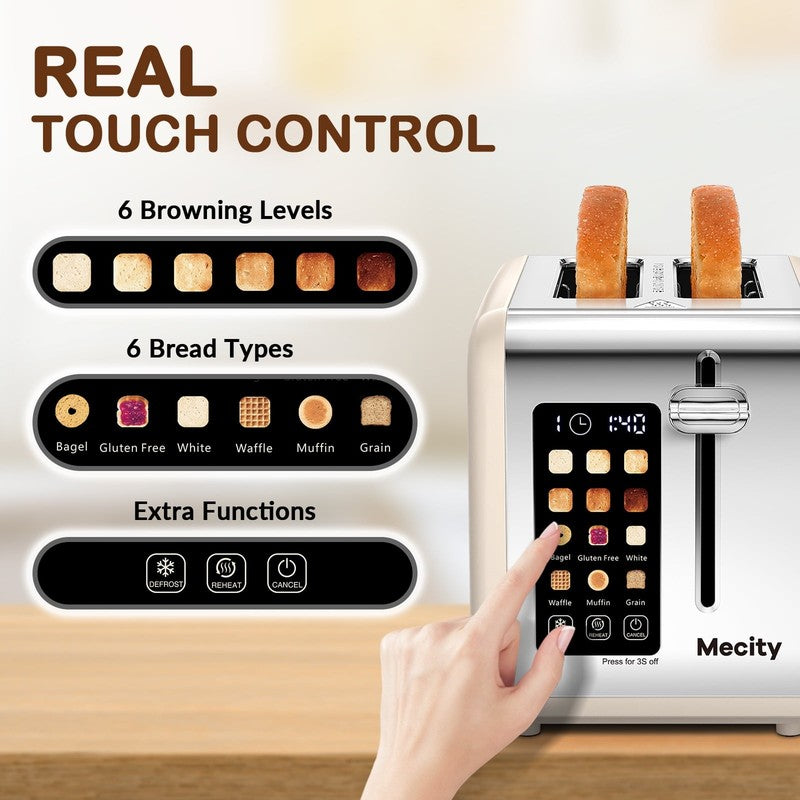 2 Slice Touchscreen Toaster, Stainless Steel, 6 Shade Settings, Wide Slots, Rehe1