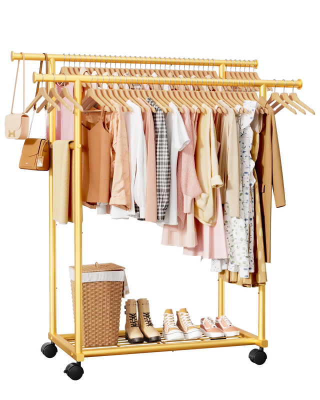 Clothes Rack with Double Hanging Rods and Bottom Shelf, Rolling Metal Garment Ra0