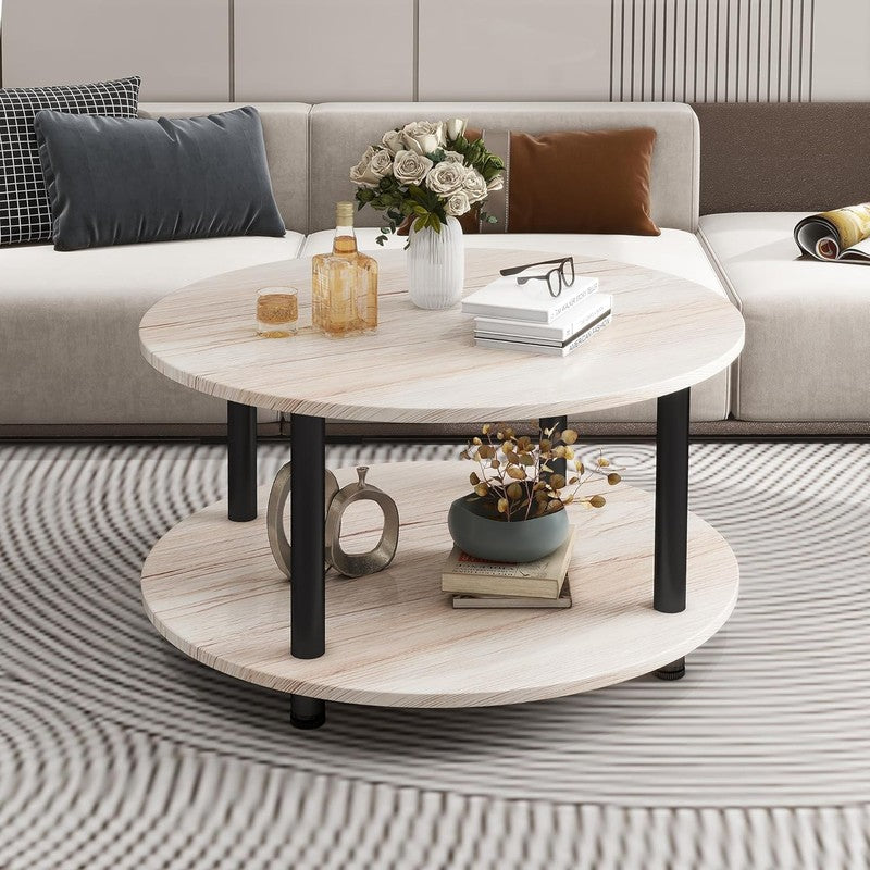 Round 2 Tier Coffee Table with Storage 23.6" Metal Frame, Oak2