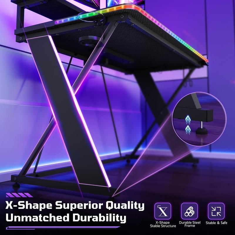 43" X-Shaped Gaming Desk with Music Sync LED, Monitor Stand Black Racing3