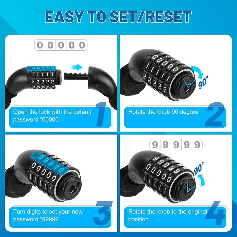 Bike Chain Lock 5-Digit Combo Heavy Duty Anti-Theft 3FT for Bike & Gate5