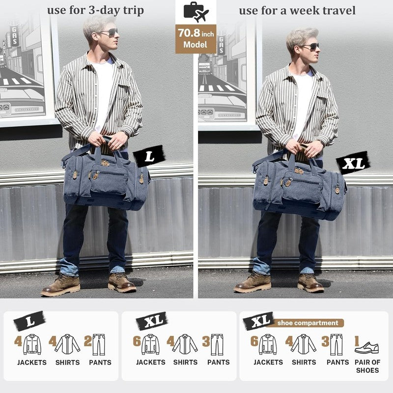 60L Expandable Canvas Duffle Bag Denim Blue Travel Weekender Carry On5