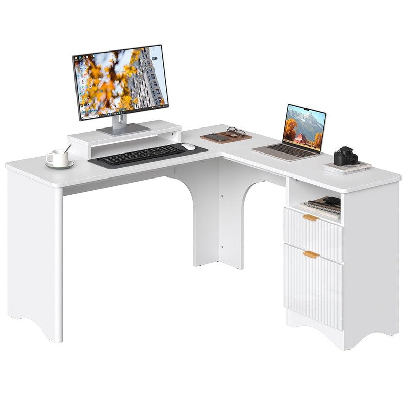 55" L-Shaped Desk with Drawers, Monitor Stand & Fluted Panels White10