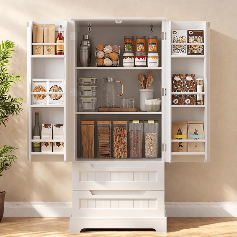 47" Kitchen Pantry Cabinet – 2 Drawers, 2 Shelves & 6 Side Shelves, Magnetic Clo7