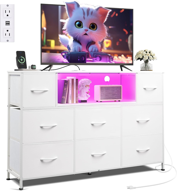 White TV Stand Dresser LED Lights Charging Station 8 Fabric Drawers Open Shelf10
