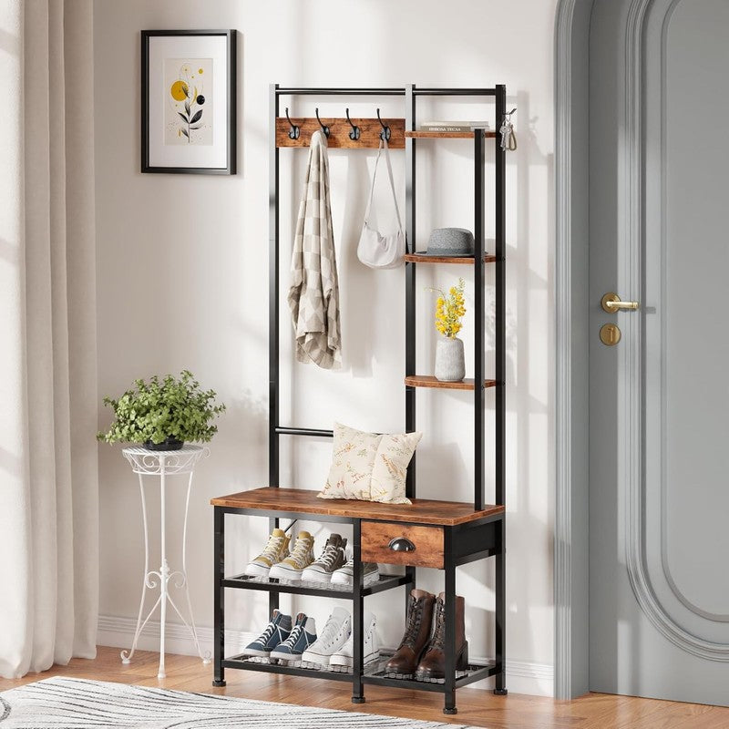 Hall Tree Entryway Bench with Coat Rack & Shoe Storage 4-in-1 Rustic Brown1