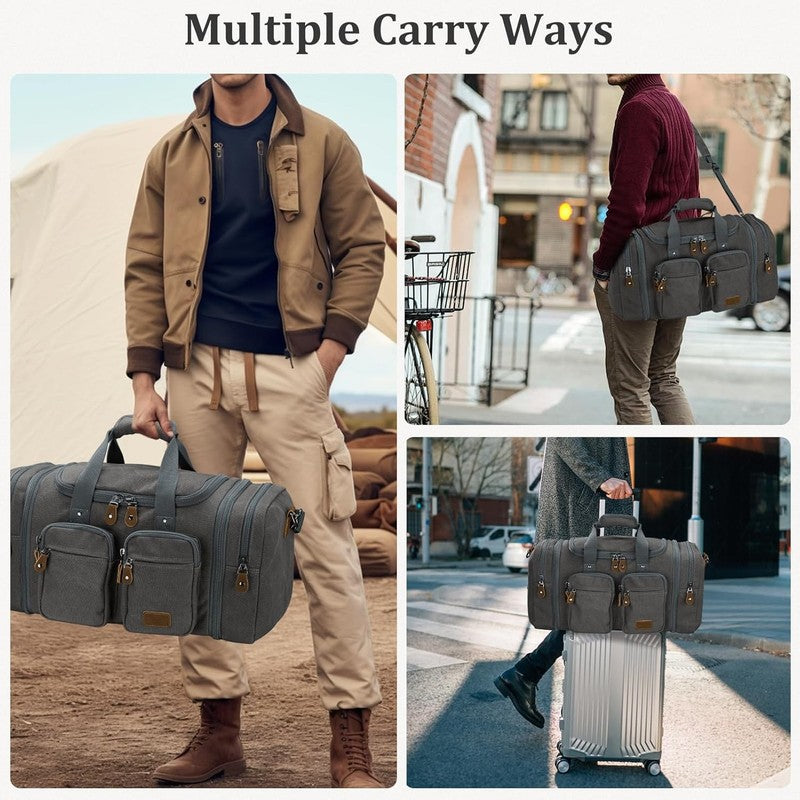 Expandable 60L Canvas Duffle Bag Grey Travel Gym Weekender Carry On5