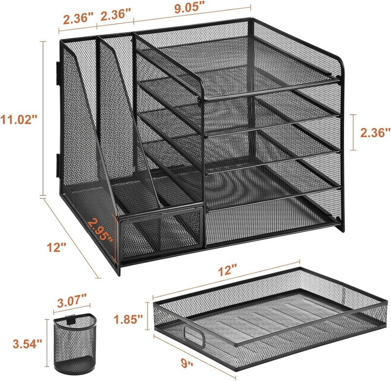 5-Tier Desk Organizer with Drawer & Pen Holders - Black Mesh Storage Solution5