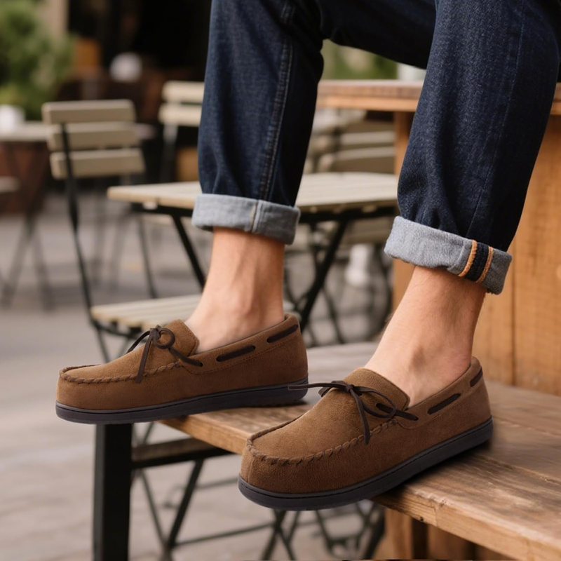 Mens Moccasin Slippers Memory Foam Indoor Outdoor Anti Slip House Shoes2