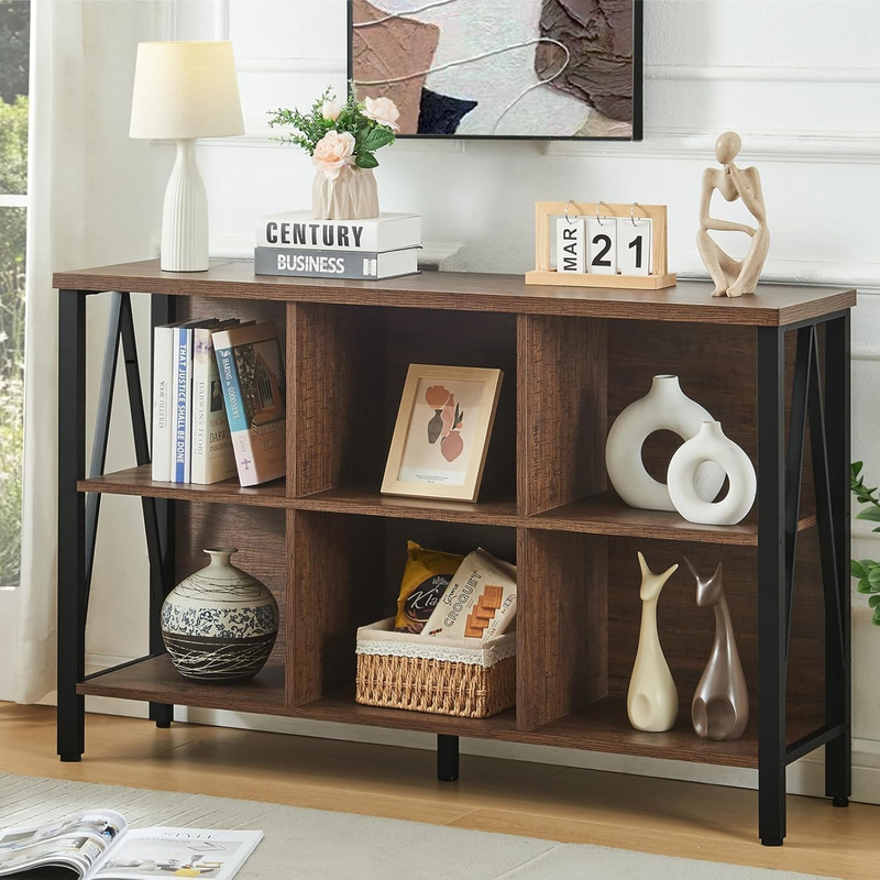 6 Cube Storage Organizer Rustic Brown Industrial Low Wide Bookshelf 3 Tier9