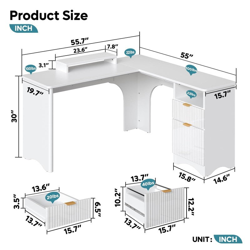 55" L-Shaped Desk with Drawers, Monitor Stand & Fluted Panels White6