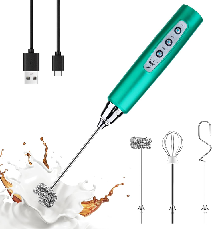 Milk Frother Handheld Rechargeable 3 Speed 3 Heads Coffee Whisk Turquoise7