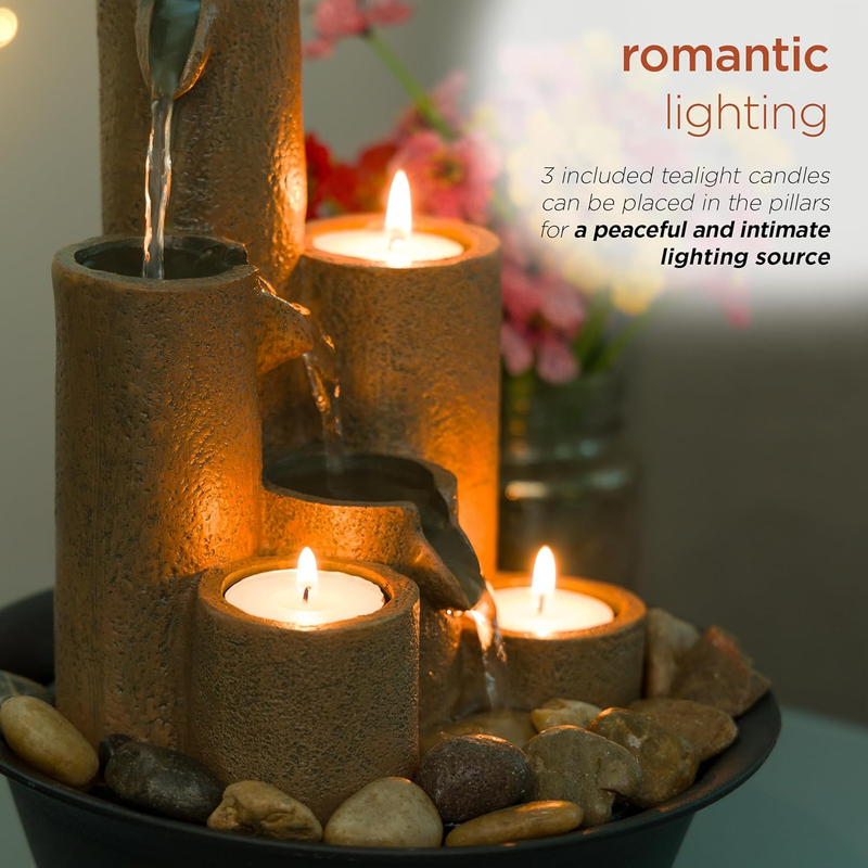 WCT202 Indoor Tabletop Tiered Water Fountain Featuring 3 Candles for Desktop and6