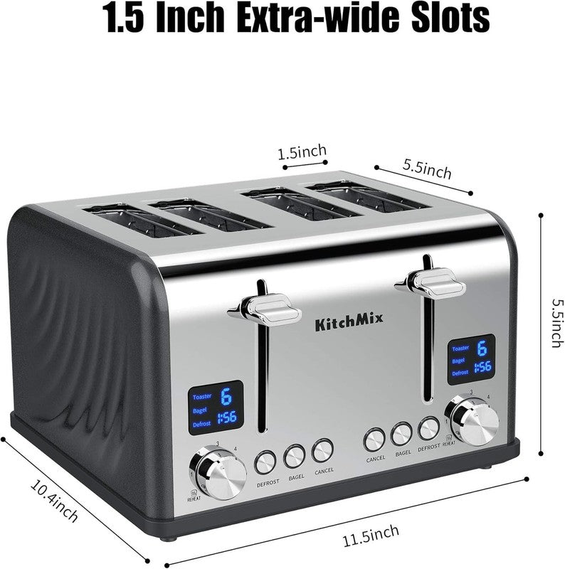 4 Slice Toaster Gray - Stainless Steel, LCD Timer, Wide Slots, Dual Screen5