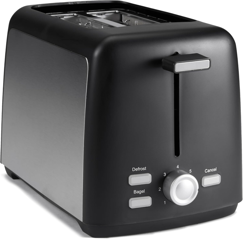 2 Slice Toaster Black & Silver - Wide Slots, 7 Shades, Bagel, Defrost, 800W10