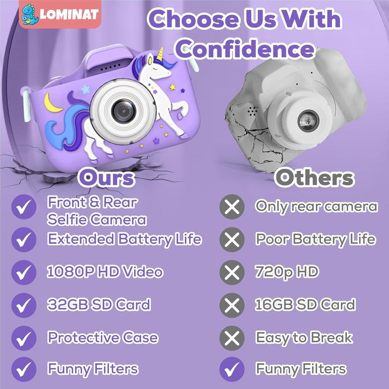Unicorn Kids Camera 1080P HD Selfie Toy Camera for Girls 3 12 w/ 32GB SD6