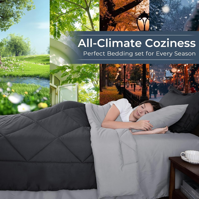 Queen Comforter Set 7 Piece Bed in Bag Soft Set Comforter Shams Dark Light Grey2