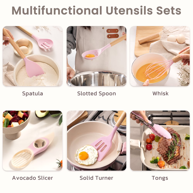 38PCS Silicone Kitchen Utensil Set Wooden Handle Heat Resistant Pink3