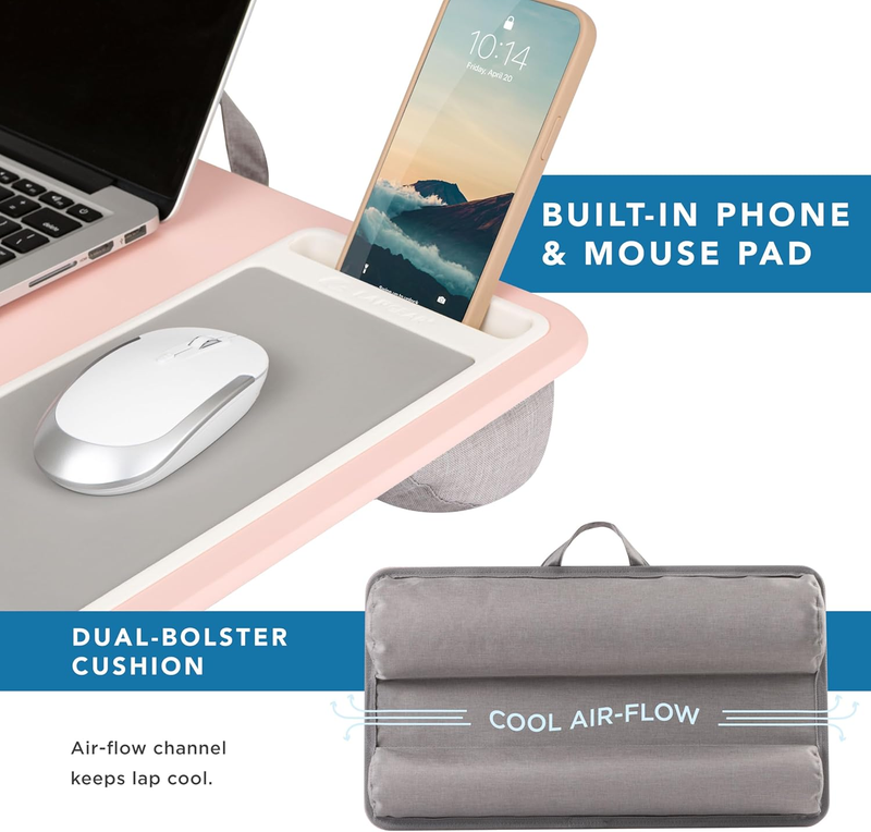 Home Office Lap Desk with Device Ledge, Mouse Pad, and Phone Holder   Pink   Fit3
