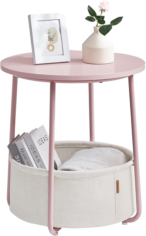 Small Round Side Table Nightstand with Fabric Basket Jelly Pink Cream White9
